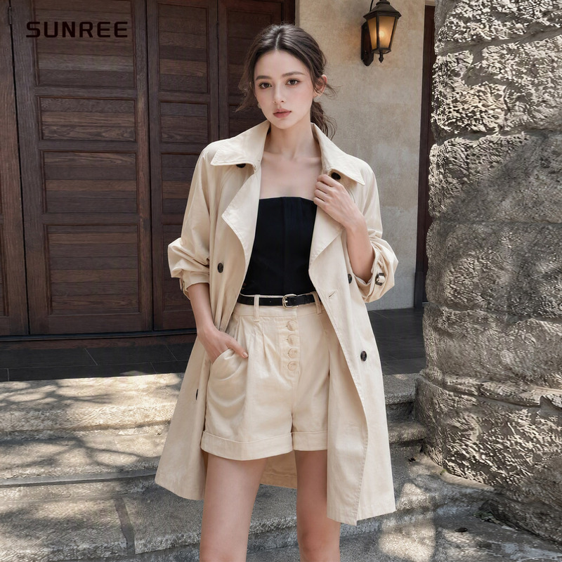 Gulnazar's Same Style Double-Breasted Lapel Short Trench Coat for Women, 2026 Autumn Outfit, Loose and Elegant Coat