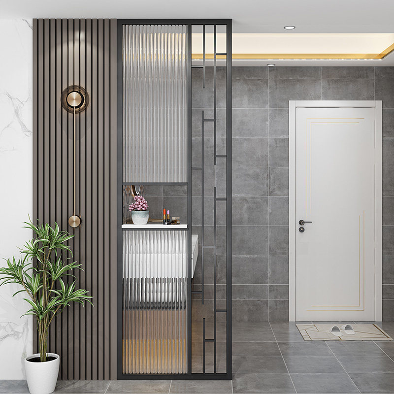 Brief modern light and luxurious living room Iron art stainless steel Changhong glass screen entry into the family Xuanguan Wash Terrace Decoration Partition
