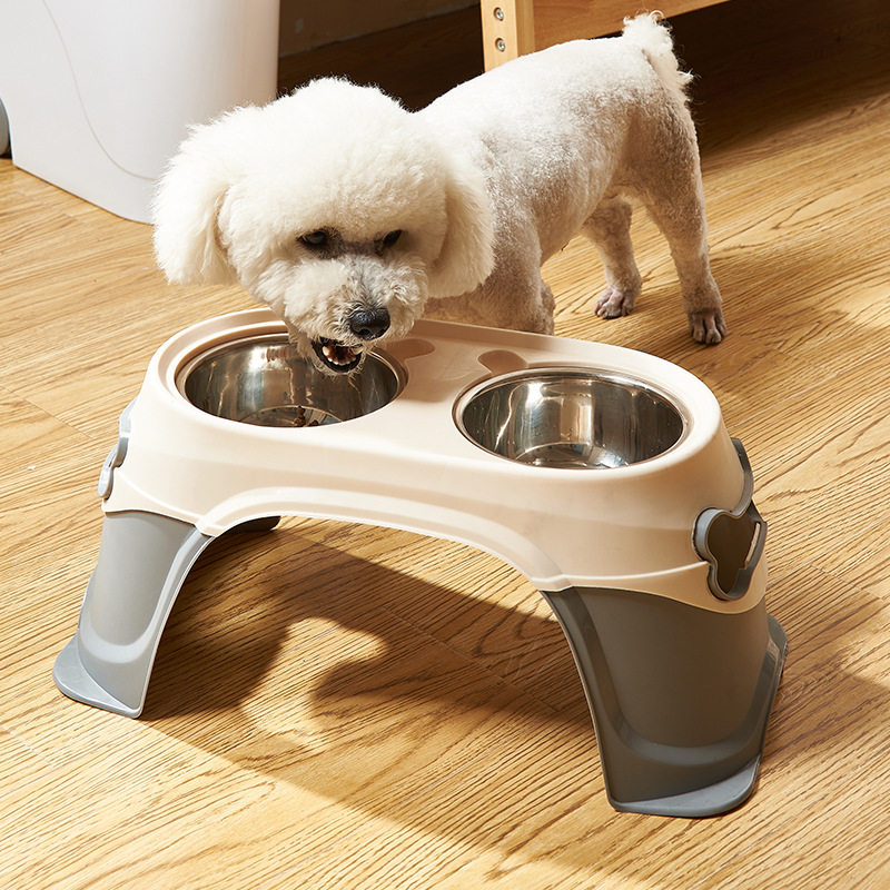 Large dog bowl dog bowl double bowl anti-knock over large dog neck protection stainless steel drinking water basin dog food basin high-legged rice bowl