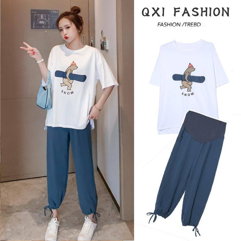 Pregnancy Woman Dress Summer Clothing Suit Out Fashion Spring Summer Money Pregnant Woman Blouse Summer Short Sleeve T-Shirt Mesh Red Two-piece Set