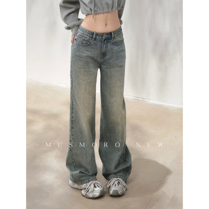 Musmoro Denim Washed Irregular Three-Dimensional Rhinestone Wide-Leg Jeans for Women, Vintage Loose Slimming Long Pants Musmoro Denim Washed Irregular Three-Dimensional Rhinestone Wide-Leg Jeans for Women, Vintage Loose Slimming Long Pants