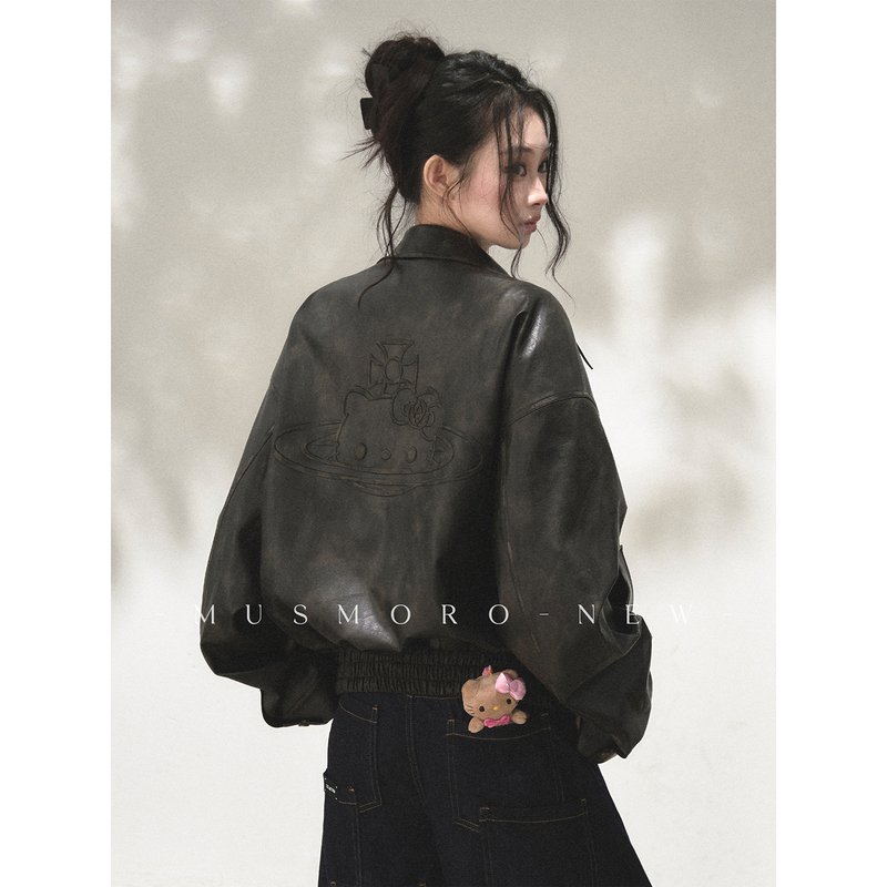 Musmoro Embossed Cat Print Vintage Distressed Loose Fit Pu Leather Jacket Women's Biker Jacket Top