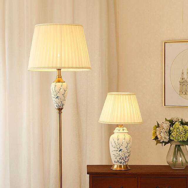 American-Style Ceramic Floor Lamp, Light Luxury, Suitable for Living Room, Bedroom, Study, with Remote Control, Storage, Coffee Table, Bedside, Chinese-Style Standing Floor Lamp