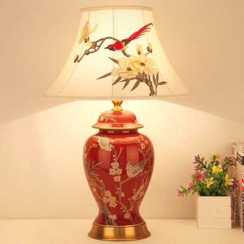 American Retro Ceramic Table Lamp Chinese-Style Living Room Sofa Corner Wedding Red Festive Bedroom Decoration Bedside Table Lamp