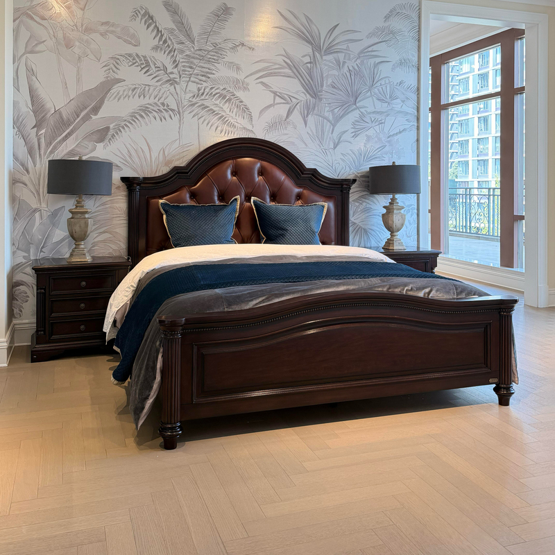 North American Charleston French-Style Vintage Solid Wood Bed 1.8m Master Bedroom Bed Double Bed Walnut Color Leather Upholstered Bed