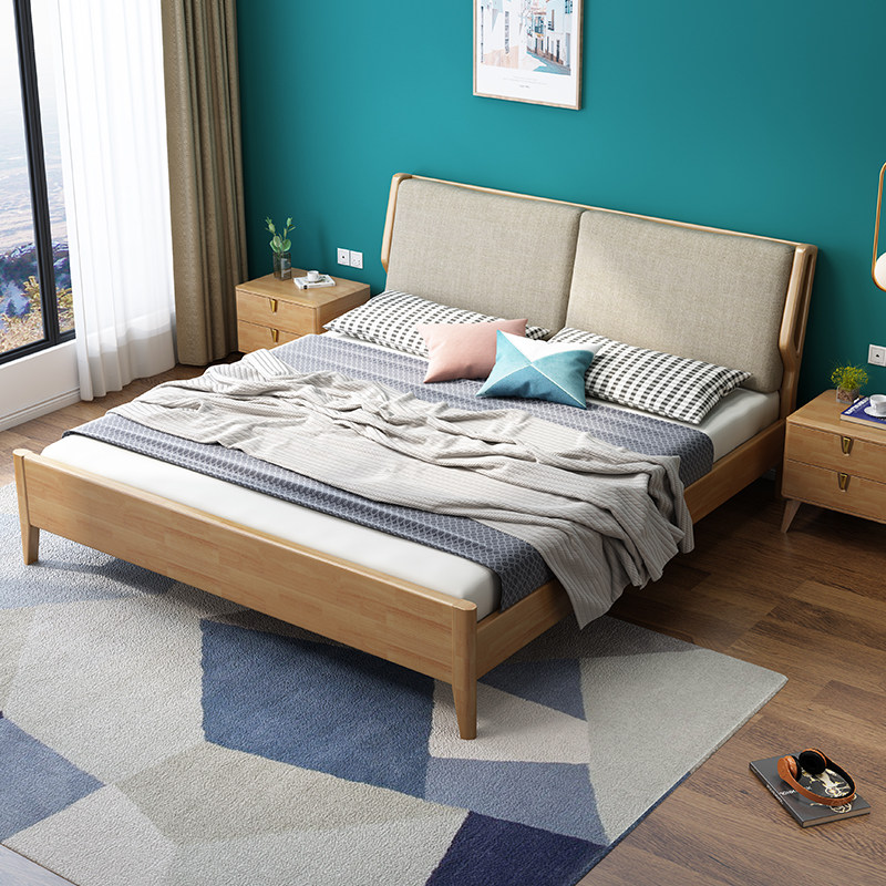 Solid wood bed storage Nordic double bed 1 5 m 1 8 single modern minimalist bed with soft leaning main sleeper-style wood bed-Taobao