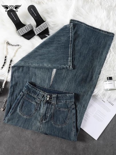 韩国阔腿牛仔裤女春秋季2025新款高腰显瘦宽松爆款水泥灰直筒裤子