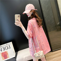 Thin hollow short sleeve T-shirt female medium long 2021 summer new letter print top design sense niche