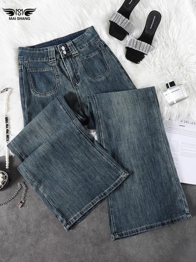 韩国阔腿牛仔裤女春秋季2025新款高腰显瘦宽松爆款水泥灰直筒裤子