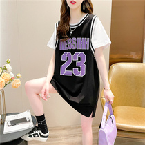 Boomer Loose Motion Wind Printing Fake Two Short Sleeves T-shirt Woman 2022 The new summer medium The undershirt woman