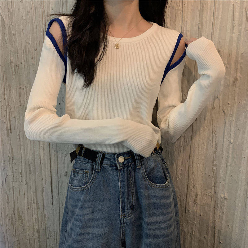 Sweet and spicy style top ins Korean version of the slim design sense of niche off-the-shoulder contrast color spring slimming knitted sweater women