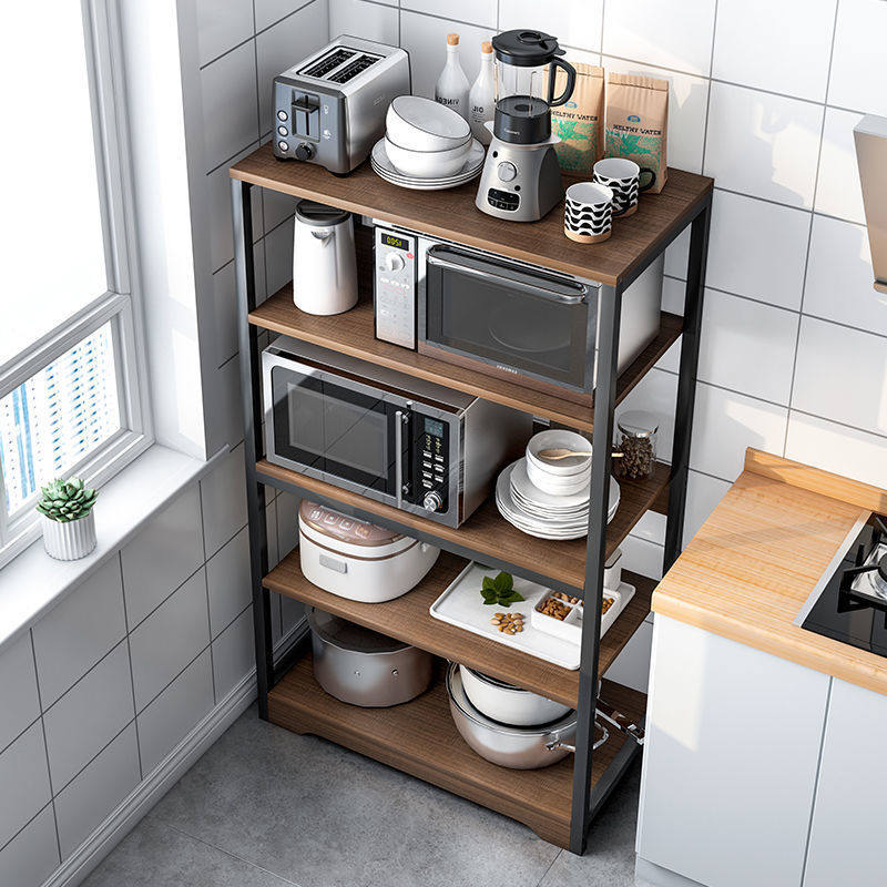 The kitchen contains stainless steel rust shelves for home multi-layer floor-to-ceiling multi-functional microwave oven utility racks