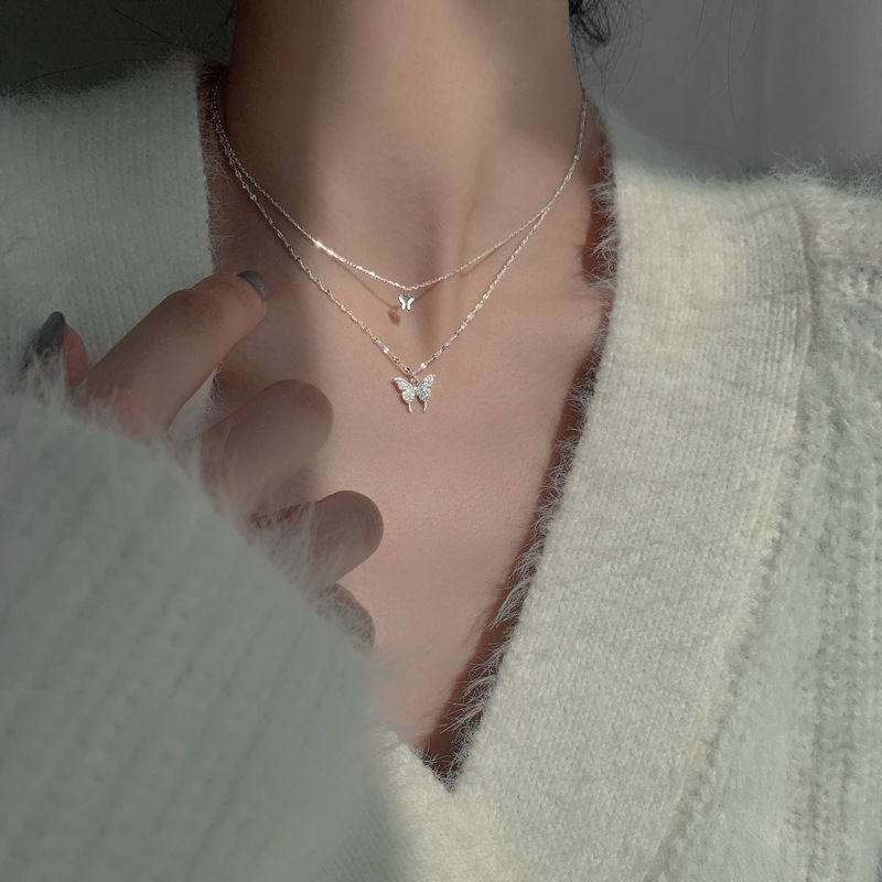 925 pure silver double laminated wearing butterfly necklace light extravagant necklace with gentle and small crowdsourced high-grade sense lock bone chain