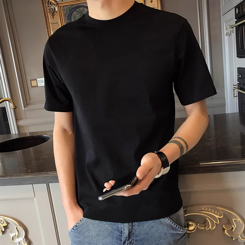 Xinjiang Combed Cotton T-Shirt, Solid Color, Round Neck, Short Sleeve, Men's Casual Black Base Shirt, Vintage Style T-Shirt H