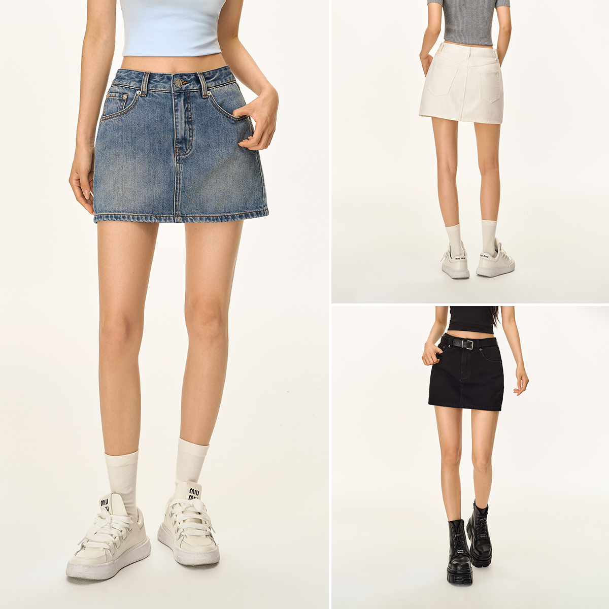 CLIMAX VISION ウォッシュ加工 レトロ 露出防止 万能 ロング丈 スリム Aライン デニム ミニスカート ヒップスカート