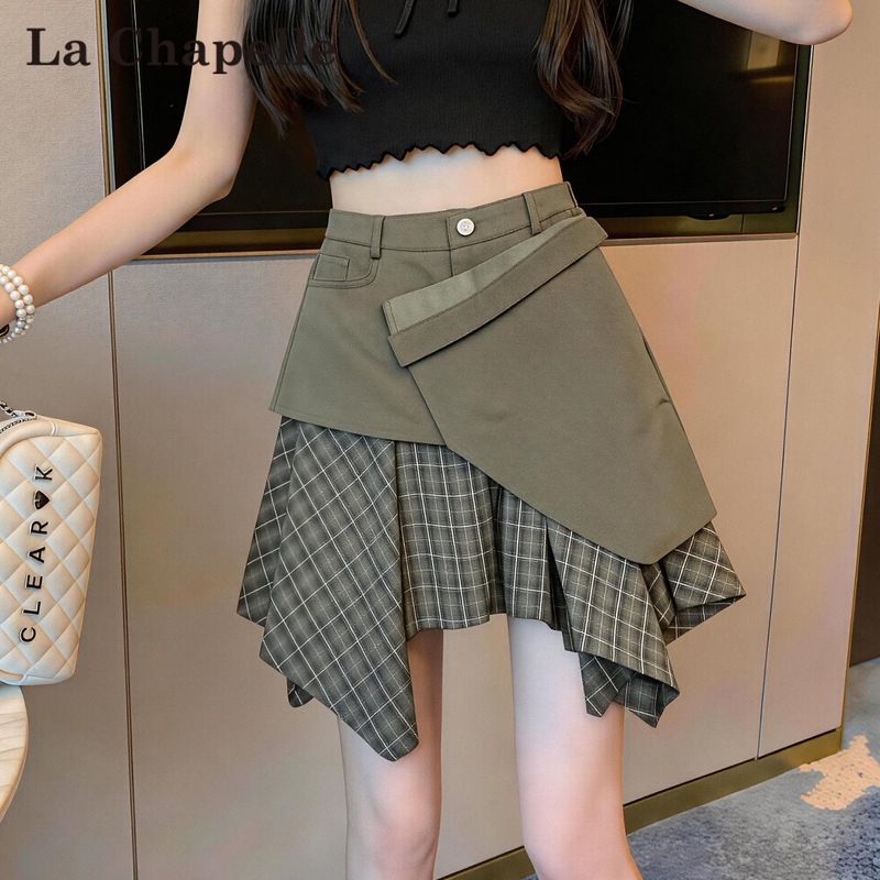 La Chapelle American-Style Hong Kong Retro Plaid Short Skirt for Women, Summer High-Waisted Slimming A-Line Skirt