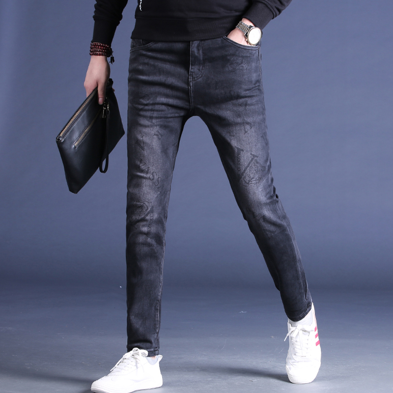 SyingLee jeans men's spring and summer printed elastic pencil pants fashion tide brand casual all-match slim-fit trousers
