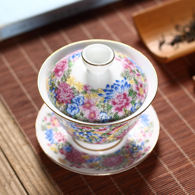 Enamel Color Kung Fu Tea Bowl Three-tall Tea Cup Color Ceramic Ceramic Piece Tea Set Set Single Household Toast Bowl