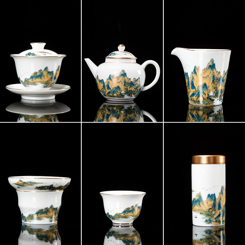 Chinese white porcelain kongfu tea furniture set group sketching three-only cover bowl minimalist tea cup ceramic teapot single upscale home