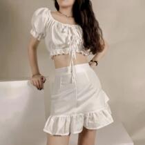 Summer dress 2021 new short band Strap Hot Girl Blouse blouse Dew Cord T-shirt Woman High Waist Lotus Leaf Side Half Body Dress Two Sets