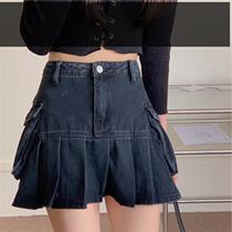 Summer Korean version 2021 New hot girl Cowboy short dress High waist display slim 100 lap A character 100 pleated half body dress female skirt