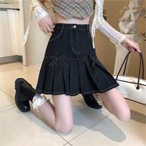 Denim Bow Tie Half Body Dress Woman 2021 Summer New American Retro High Waist Display Slim Plexigo Skirt Short Skirt Skirt