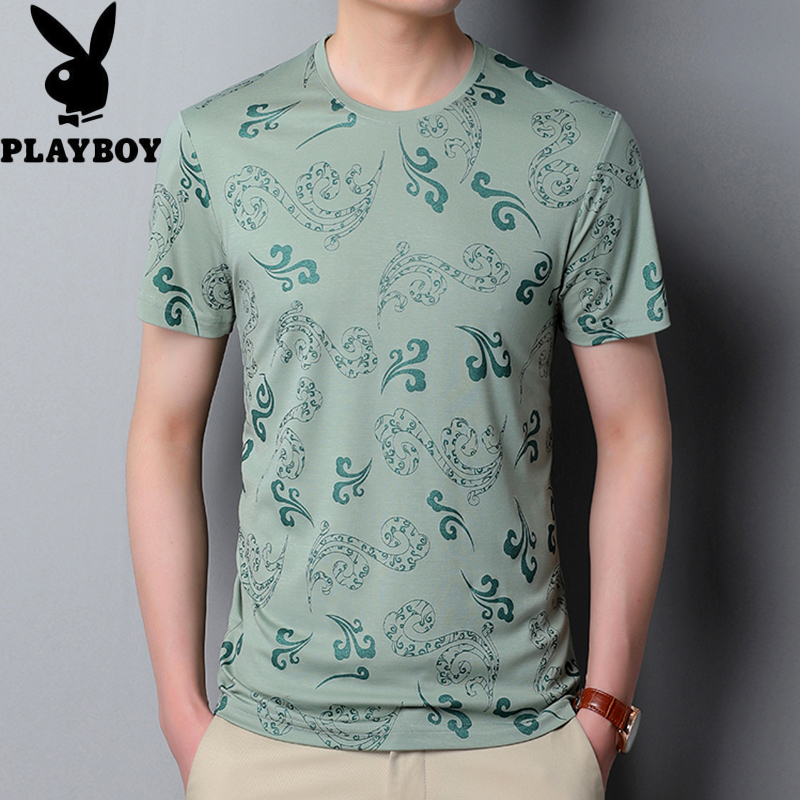 Playboy Summer New nam ngắn tay áo thun in trắng ăn mặc Vòng cổ nam Half-Sleeve Trend T-Shirt