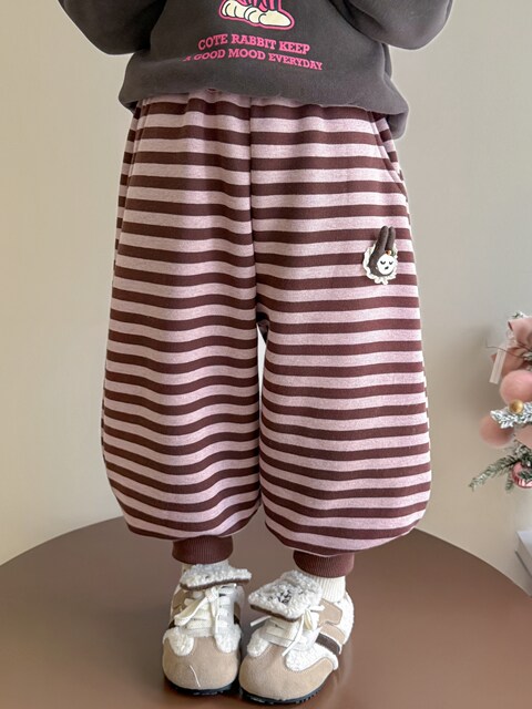 Girls' Fleece-Lined Sweatpants Autumn and Winter 2025 New Stylish Children's Fleece Pants Thick Striped Long Pants for Girls