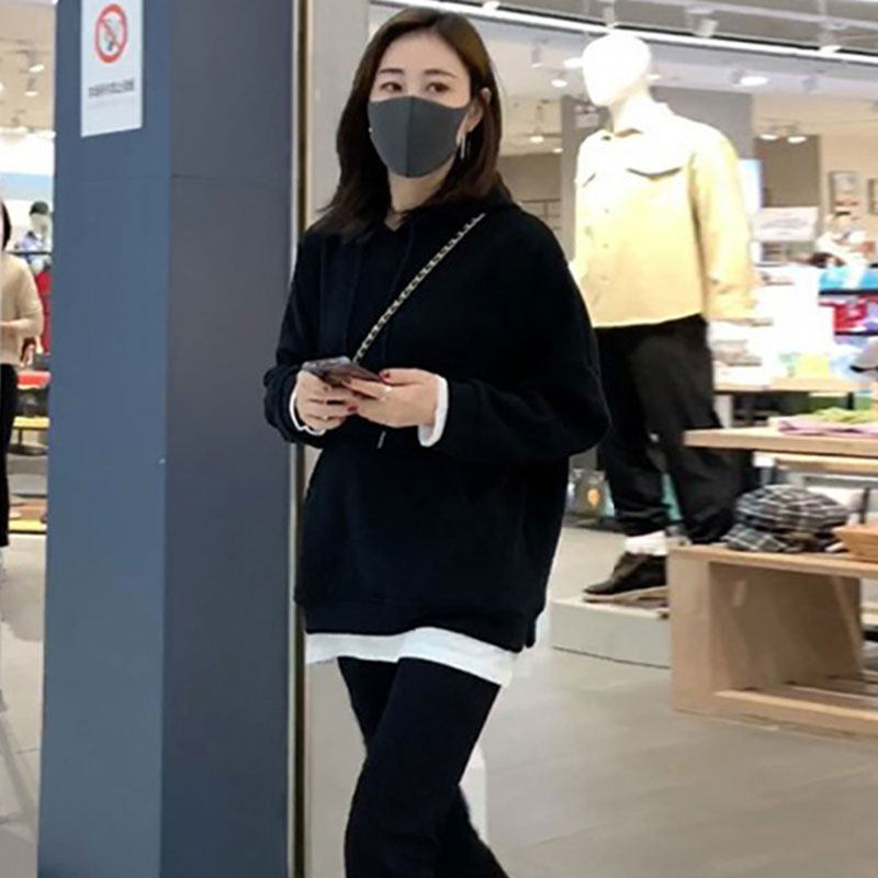 South Korean fried street gestation women's clothing and women's cashmere out of the hat with a long version of loose fake two pieces of pure color autumn and winter coat