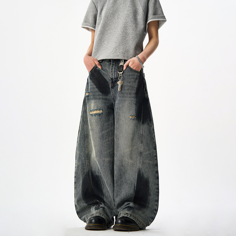 Woostop Retro Graffiti Distressed Ripped Jeans Unisex Loose American-Style Scimitar Wide-Leg Pants Baggy Pants
