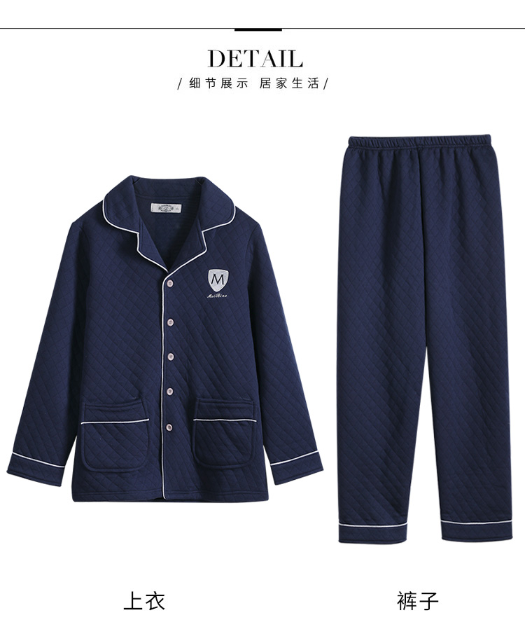 Bộ đồ ngủ cotton dài tay tiêu chuẩn Mỹ mùa thu và mùa đông ba lớp bông ấm áp dày bộ đồ ngủ nhiều lớp bộ mặc nhà cho nam