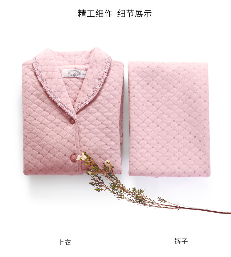 Bộ đồ ngủ ba lớp theo tiêu chuẩn Mỹ của phụ nữ mùa thu và mùa đông dày nhiều lớp cotton ấm áp dài tay cotton phù hợp với dịch vụ nhà đồ bộ mặc nhà
