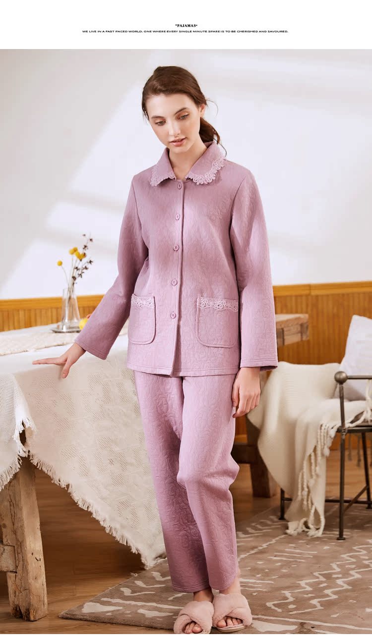 Bộ đồ ngủ ba lớp theo tiêu chuẩn Mỹ của phụ nữ mùa thu và mùa đông dày nhiều lớp cotton ấm áp dài tay cotton phù hợp với dịch vụ nhà đồ bộ mặc nhà