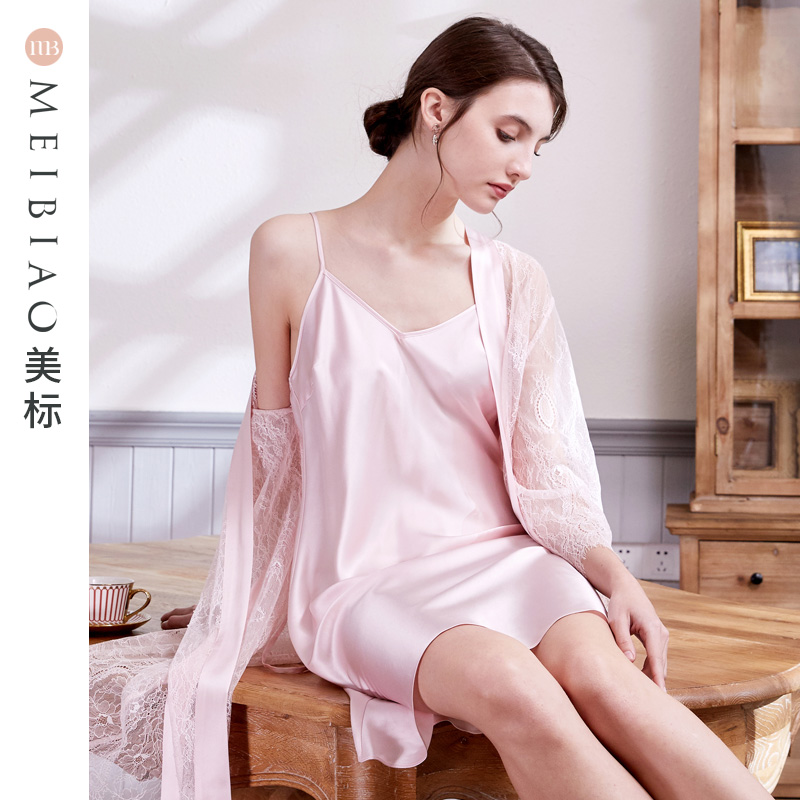 American Silk suspender night dress two-piece set of women's spring and summer sexy bathrobe pajamas can be worn outside lace nightgown home clothes
