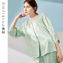 American standard mid-sleeved silk pajamas set womens spring summer 19 m heavy mulberry silk jacquard silk home clothing autumn