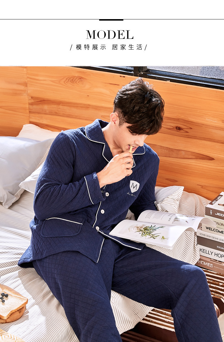 Bộ đồ ngủ cotton dài tay tiêu chuẩn Mỹ mùa thu và mùa đông ba lớp bông ấm áp dày bộ đồ ngủ nhiều lớp bộ mặc nhà cho nam