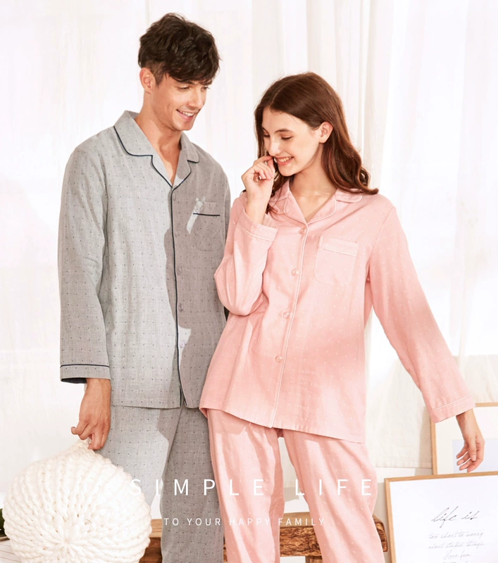 Mỹ tiêu chuẩn đôi bông mới sợi cotton dệt dày đồ ngủ phụ nữ mùa thu và mùa đông cotton đôi dịch vụ nhà phù hợp với nam giới