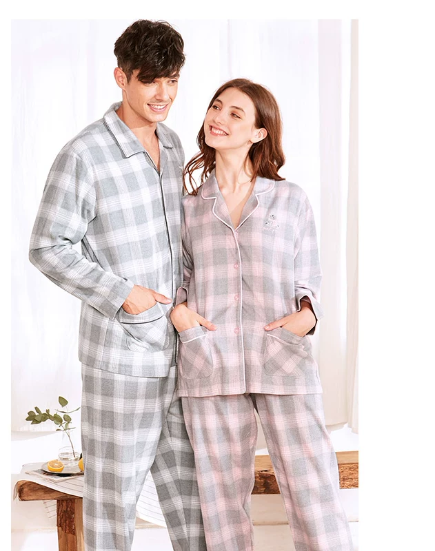 Bộ đồ ngủ đôi mùa xuân và mùa thu cotton mới của nam giới có thể mặc bên ngoài bộ đồ cotton kẻ sọc