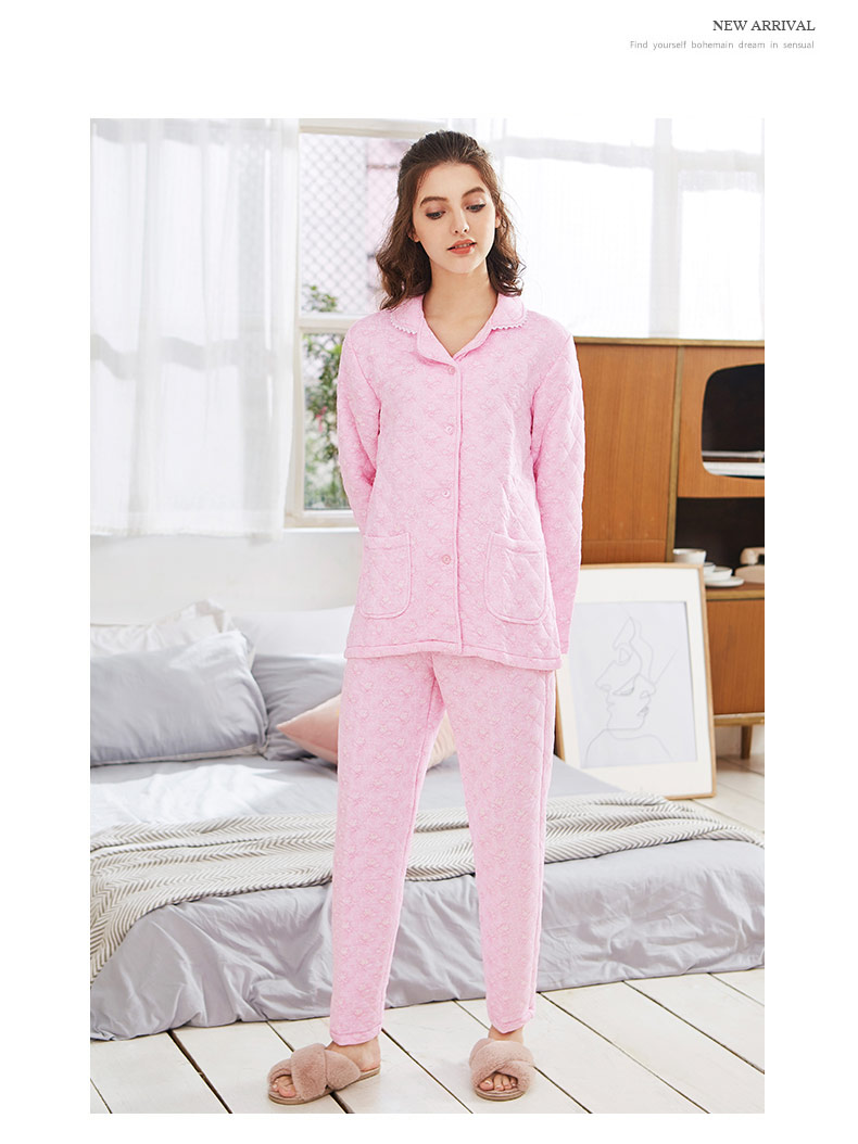 Mỹ tiêu chuẩn mùa thu và mùa đông mới cho phụ nữ đồ ngủ dài tay cotton hai mảnh phù hợp với bánh sandwich dày ấm áp để mặc bên ngoài dịch vụ nhà bộ đồ