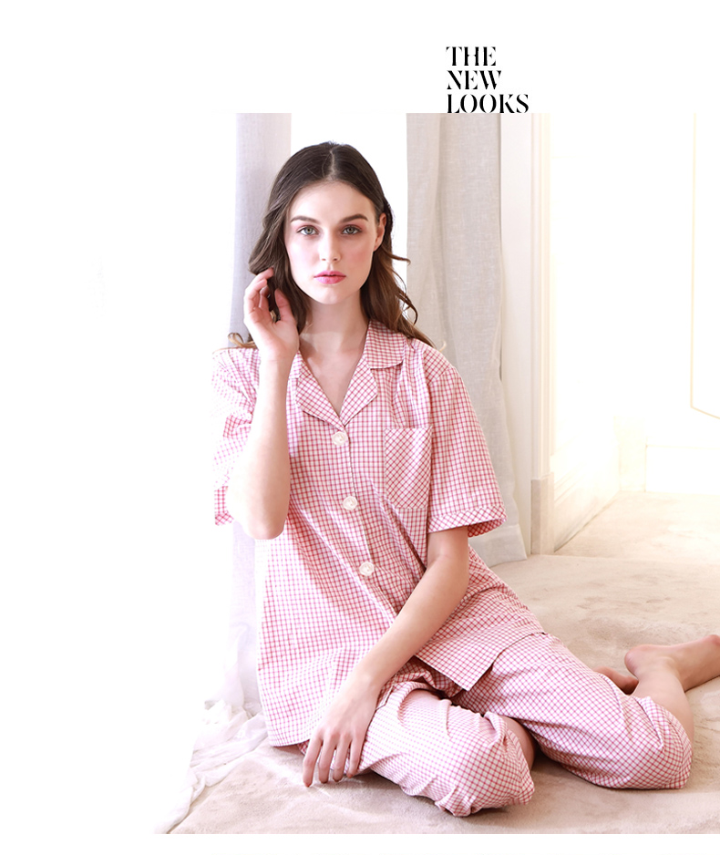 Bộ đồ ngủ cotton ngắn tay đôi tiêu chuẩn mới của Mỹ phù hợp với nam và nữ mùa xuân hè có thể được mặc bên ngoài dịch vụ nhà lưới đồ bộ thun lạnh
