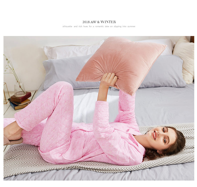 Mỹ tiêu chuẩn mùa thu và mùa đông mới cho phụ nữ đồ ngủ dài tay cotton hai mảnh phù hợp với bánh sandwich dày ấm áp để mặc bên ngoài dịch vụ nhà bộ đồ