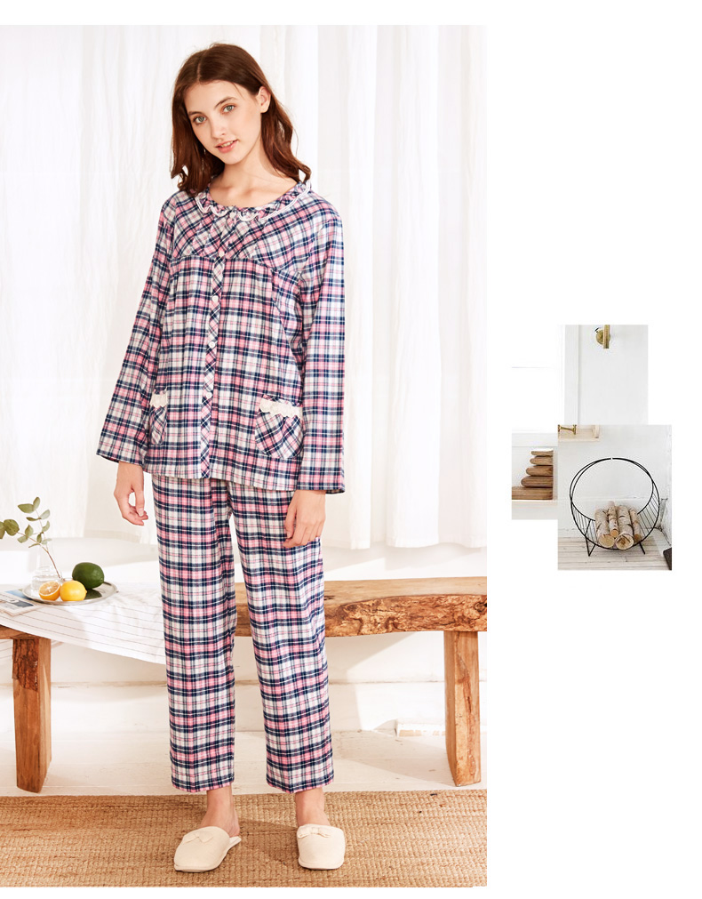 Bộ đồ ngủ cotton dài tay tiêu chuẩn mới của Mỹ cho nam và nữ mùa thu đông có thể mặc đồ cotton kẻ sọc bộ ngủ