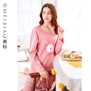 [Limited 惠] Đồ ngủ cotton tiêu chuẩn Mỹ nữ mùa xuân và mùa thu dễ thương hoạt hình kẻ sọc cotton phục vụ nhà