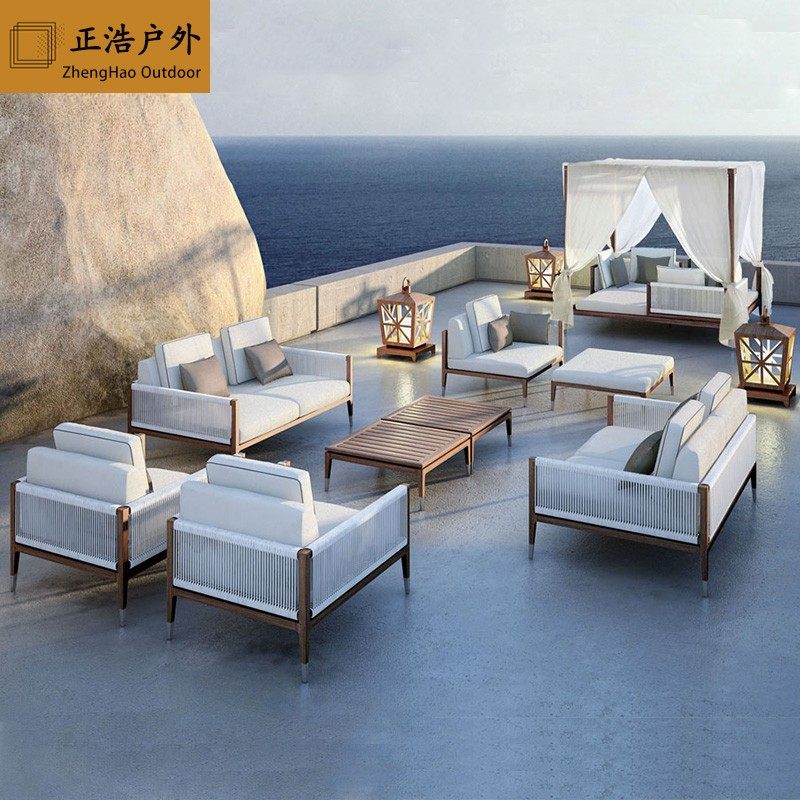 Nordic outdoor rattan sofa combination villa hotel leisure teak rattan outdoor garden courtyard model room furniture - Taobao