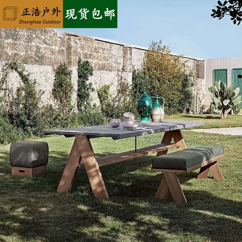 Outdoor table and chair courtyard combination open-air garden villa hotel outdoor waterproof sunscreen anti-corrosion solid wood table and chair furniture