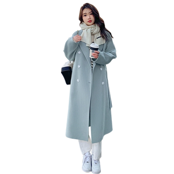 Women's blue double-sided cashmere woolen coat