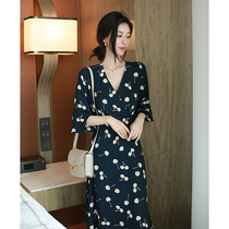 2021 summer style high waist temperament trumpeter sleeve V collar short sleeve cherry crumbled and dresses dresses