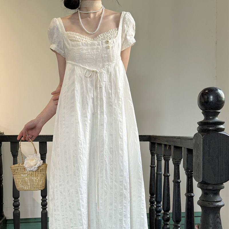 Wind and Fragrance/Pillow Cloud Book Original French Imperial Style Dress Summer Gentle Tencel Jacquard White Long Dress