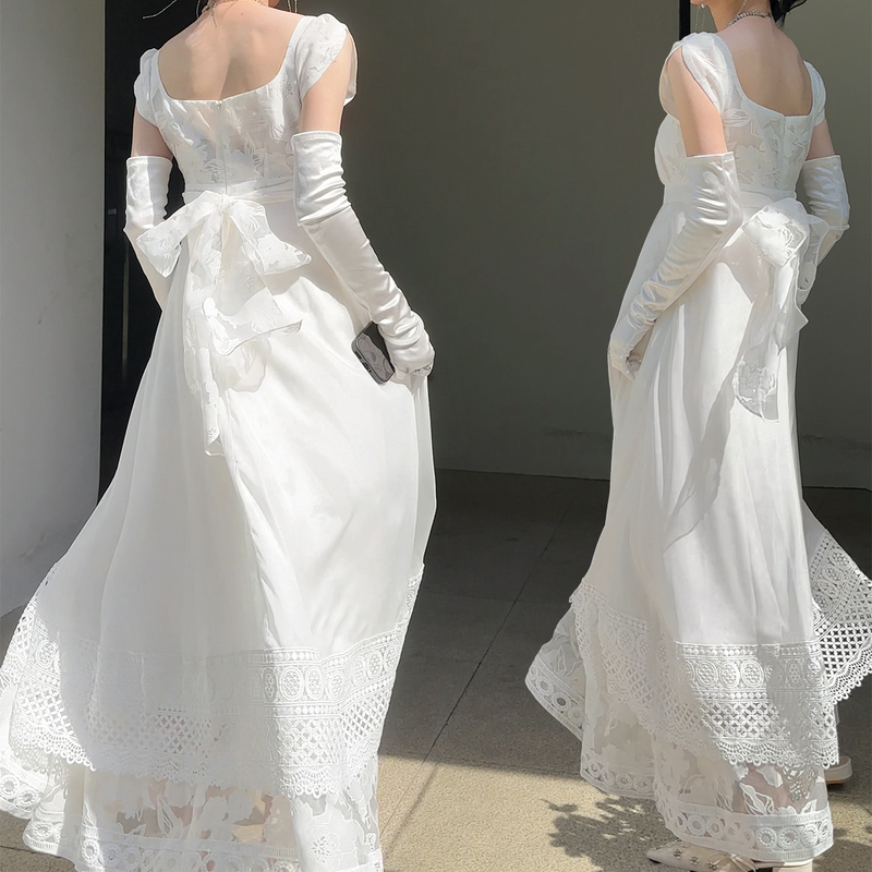 Wind and Fragrance/Feather Silk Flower Original Imperial Style Dress White Heavy Lace Jacquard Summer Square Neck Long Dress Wind and Fragrance/Feather Silk Flower Original Imperial Style Dress White Heavy Lace Jacquard Summer Square Neck Long Dress
