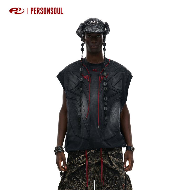 Personsoul* Nail Removal Magic Beast Pattern Embroidery Gradient Faded Loose Sleeveless T-Shirt Black/Grey Blue